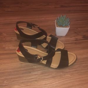 Dr. Scholl’s, black sandals, wedge heel, size 10